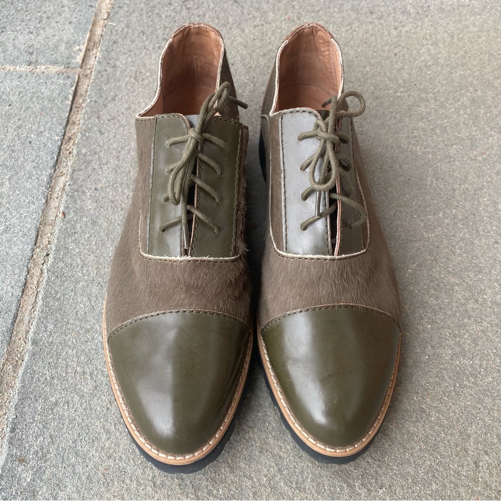 All Black Green Cowhide Leather Lace Up Oxfords Size 41